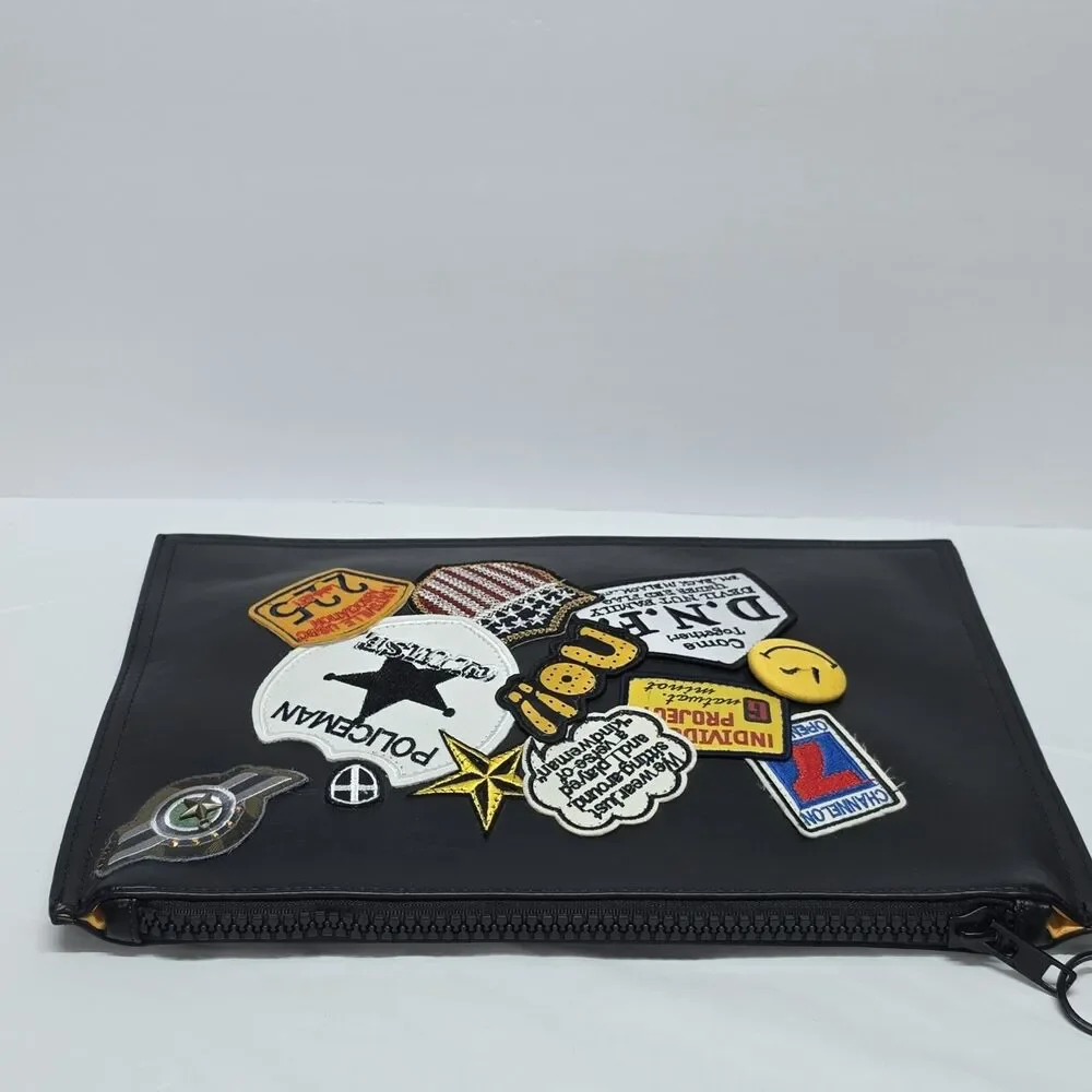 Dream Control Black Large Patched Clutch With Pom Pom Vegan Leather Hipster